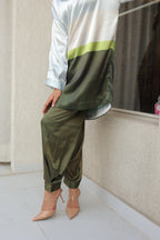 Pastel Olive colorblocked satin Co-Ord Set