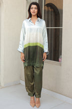 Pastel Olive colorblocked satin Co-Ord Set