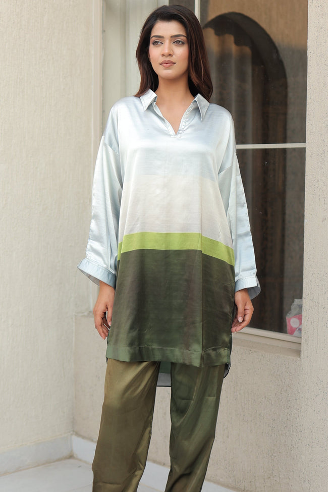 Pastel Olive colorblocked satin Co-Ord Set Hover Image